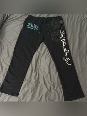 Ed Hardy men’s sweatpants size XXL black with tigers, white & Teal Accents NWT